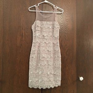 Shimmery Silver Lace Illusion Neckline Dress